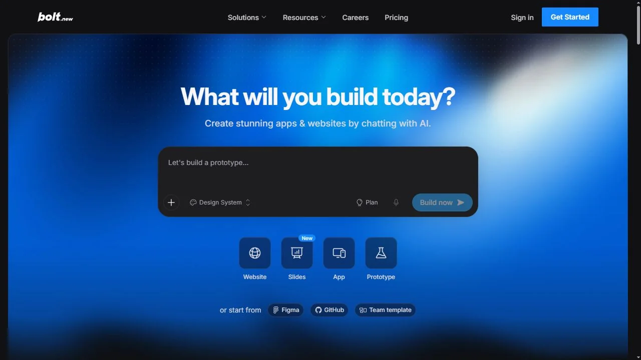 Bolt.new official homepage captured October 3, 2026, showing the build prompt and project starting options
