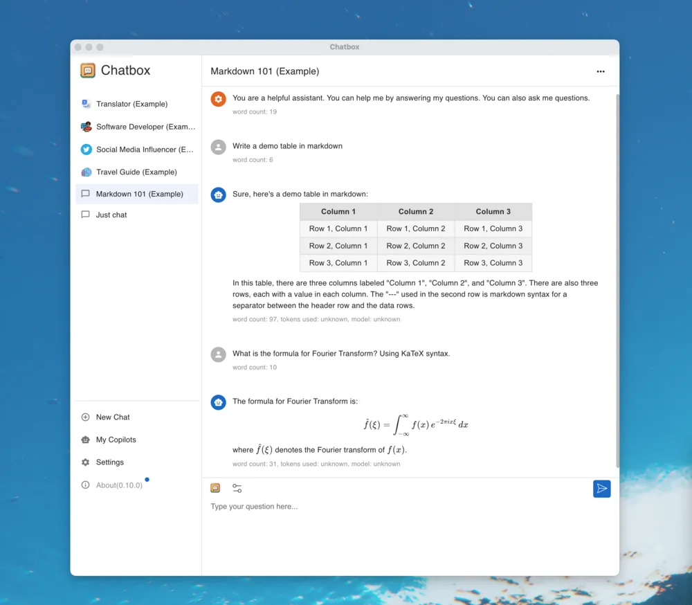 Official repository example of Chatbox conversation formatting; the pictured interface is an earlier version