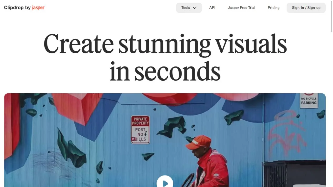 Clipdrop official homepage captured October 3, 2026, showing its visual editing presentation; promotional imagery is not a FindGoodAI test result