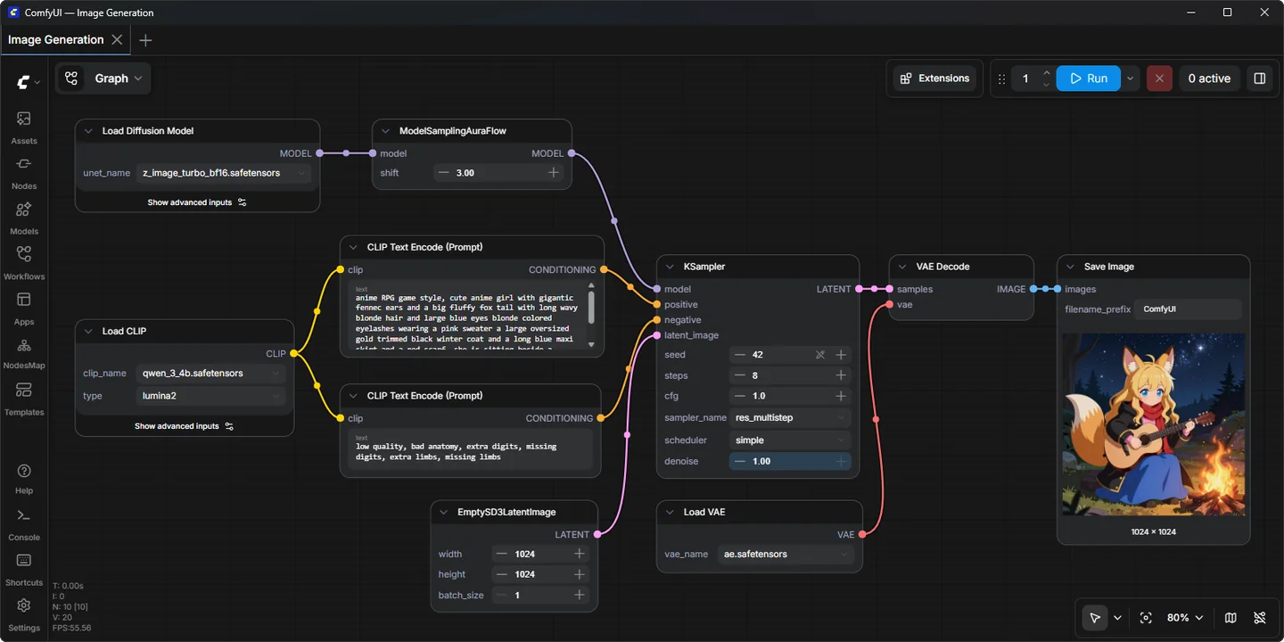 Official ComfyUI screenshot showing an image-generation graph with model, prompt, sampler, decoder and output nodes