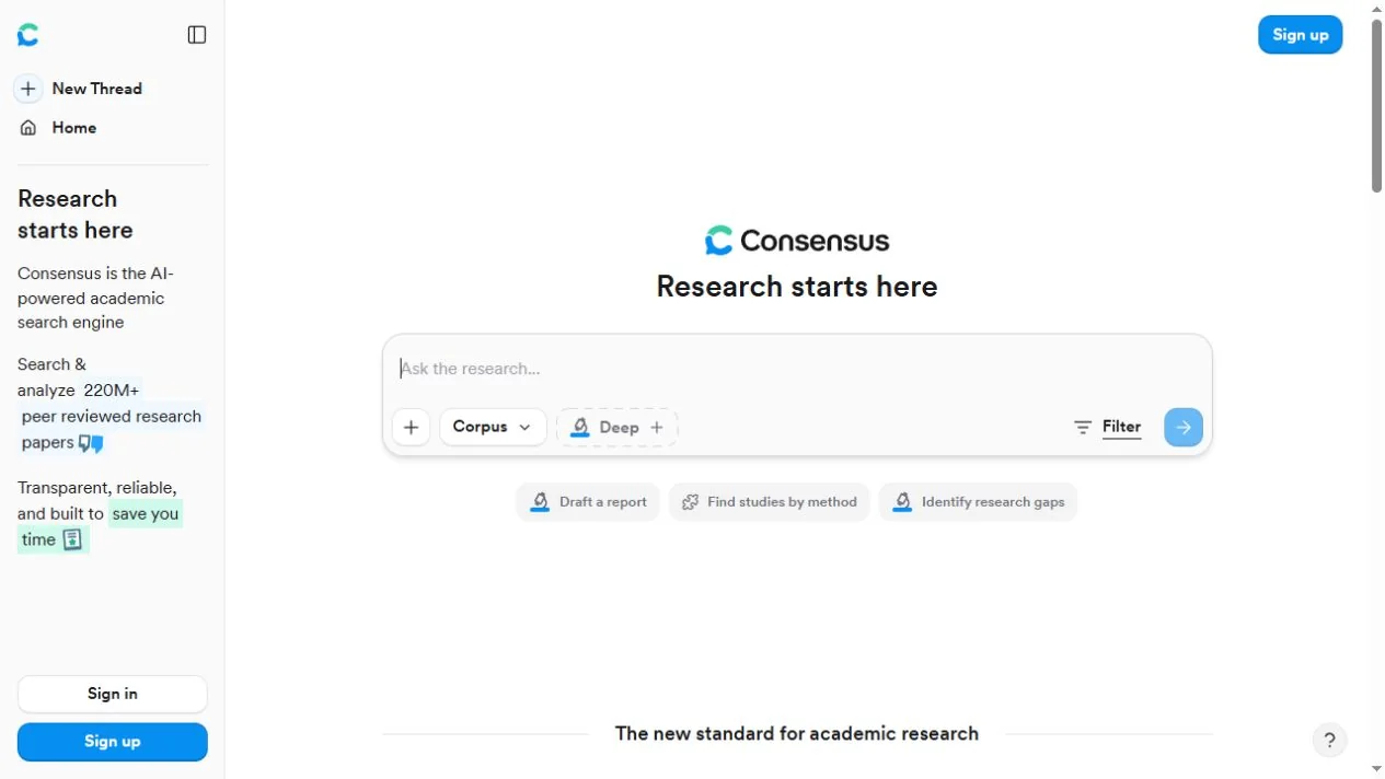 Consensus official website captured October 3, 2026; product presentation, not a FindGoodAI performance test