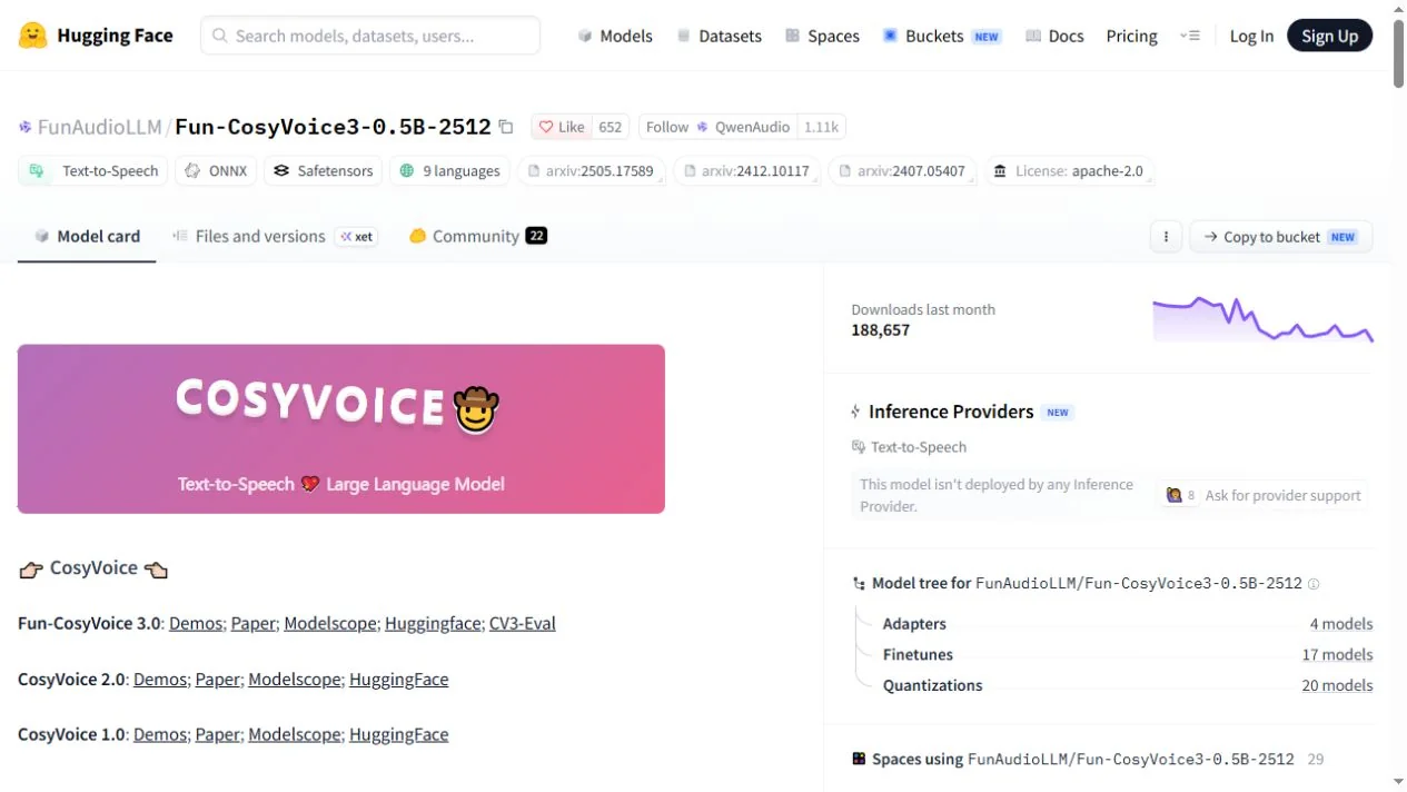 Official Fun-CosyVoice3 model page captured October 3, 2026; model presentation, not an audio-quality test