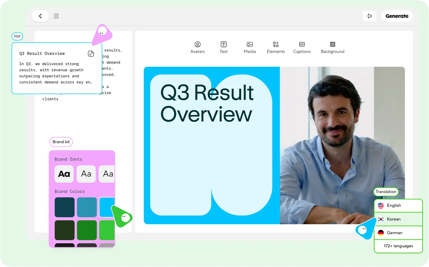 HeyGen editor showing a script beside an AI avatar presenting a social media lesson