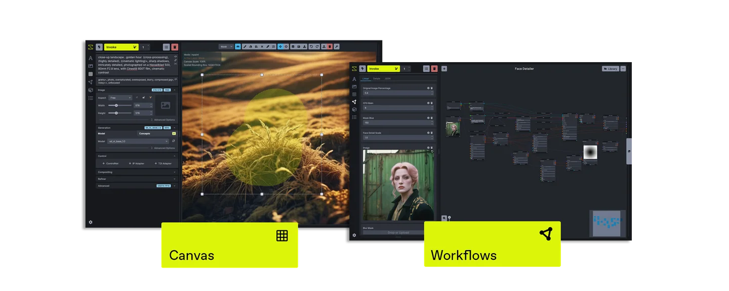 Official InvokeAI illustration comparing its Canvas workspace and node-based Workflows interface