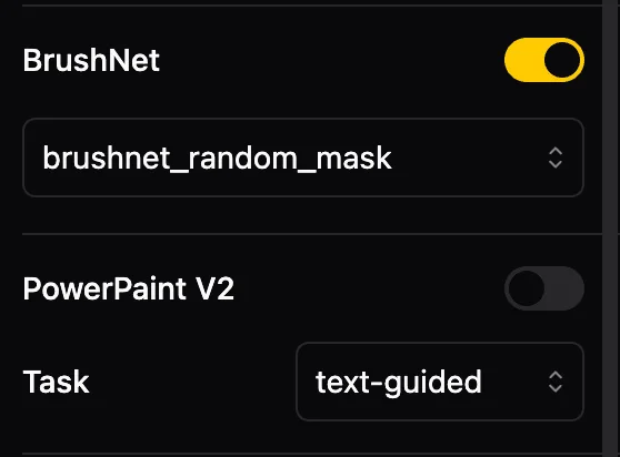 Official IOPaint BrushNet and PowerPaint V2 settings example; this is a configuration panel, not a before-and-after result