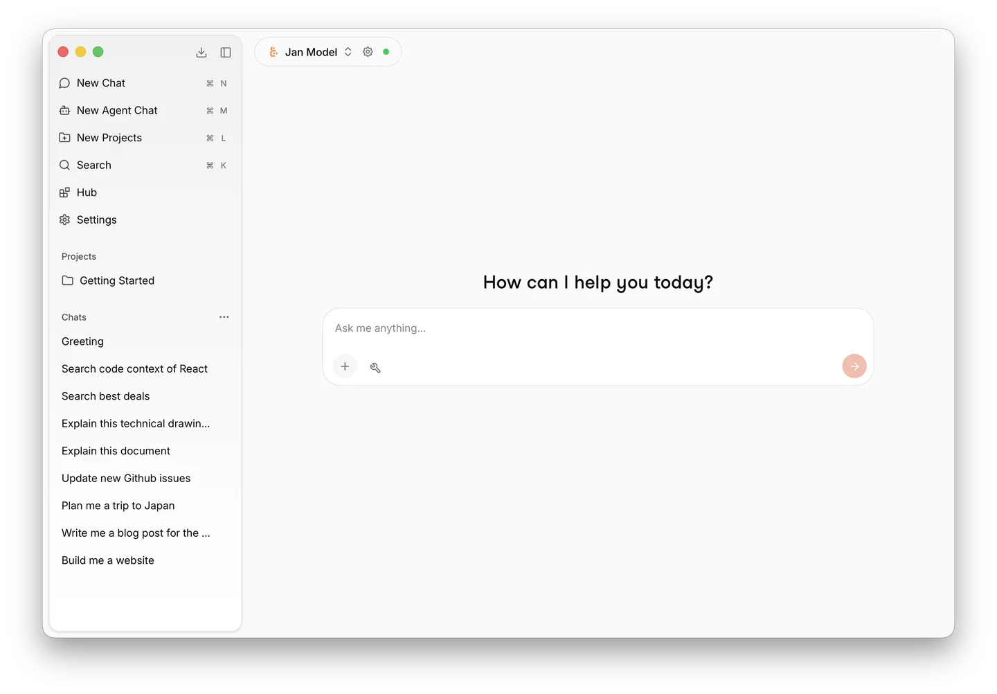 Official Jan Desktop getting-started screenshot with chats, projects and the model selector