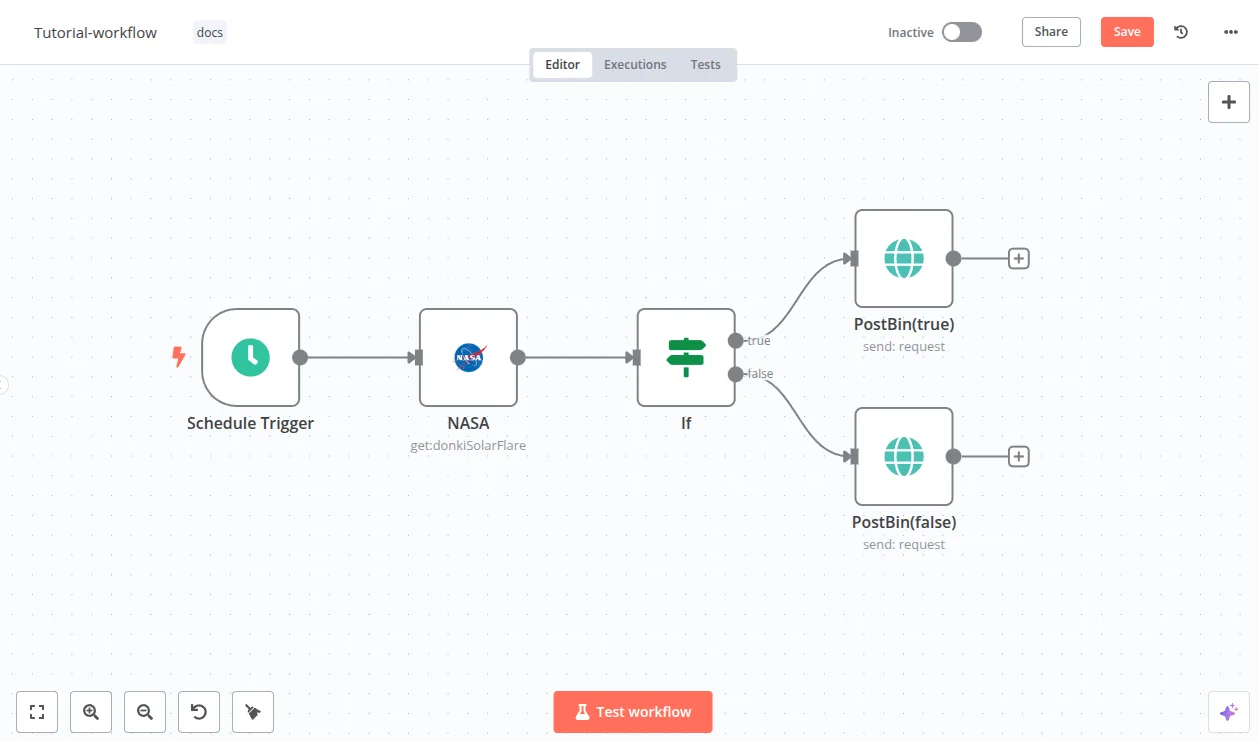 n8n workflow canvas from the official first-workflow tutorial