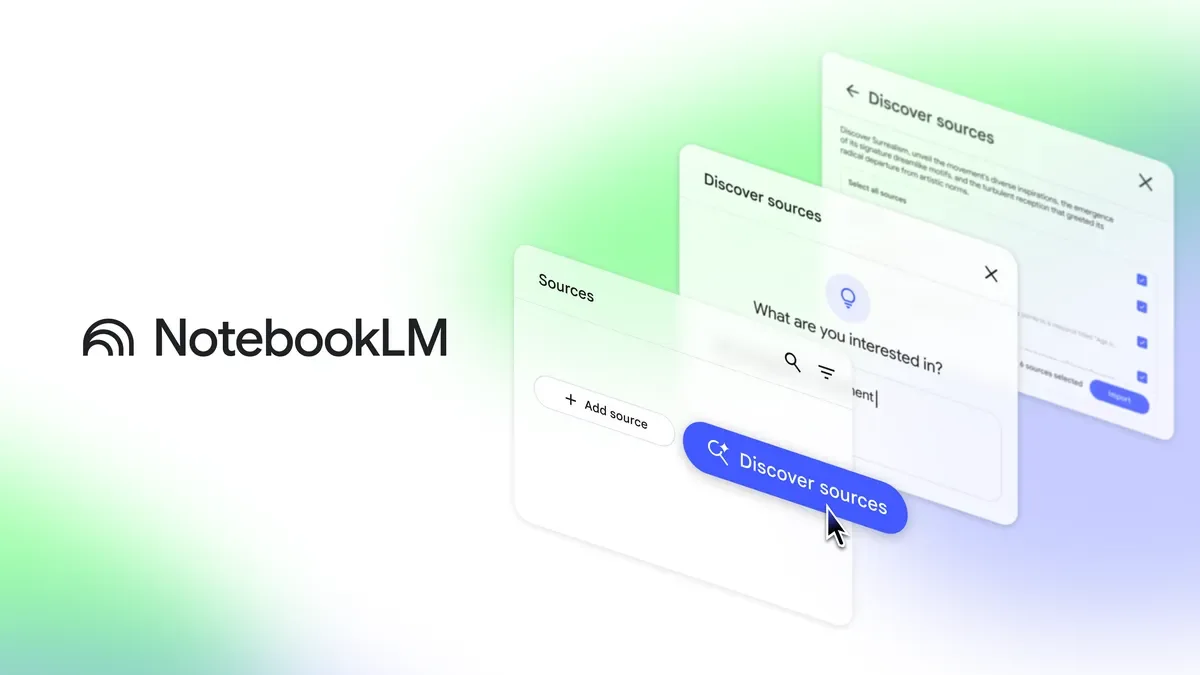 Official NotebookLM illustration of the Discover sources interface, published April 2025