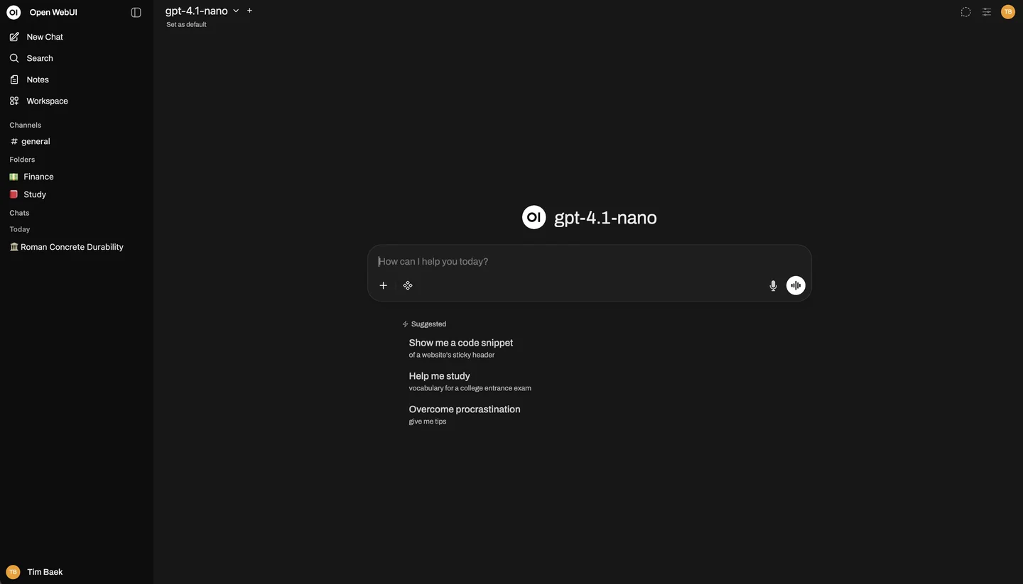 Official Open WebUI repository screenshot showing its model picker, workspace and chat interface