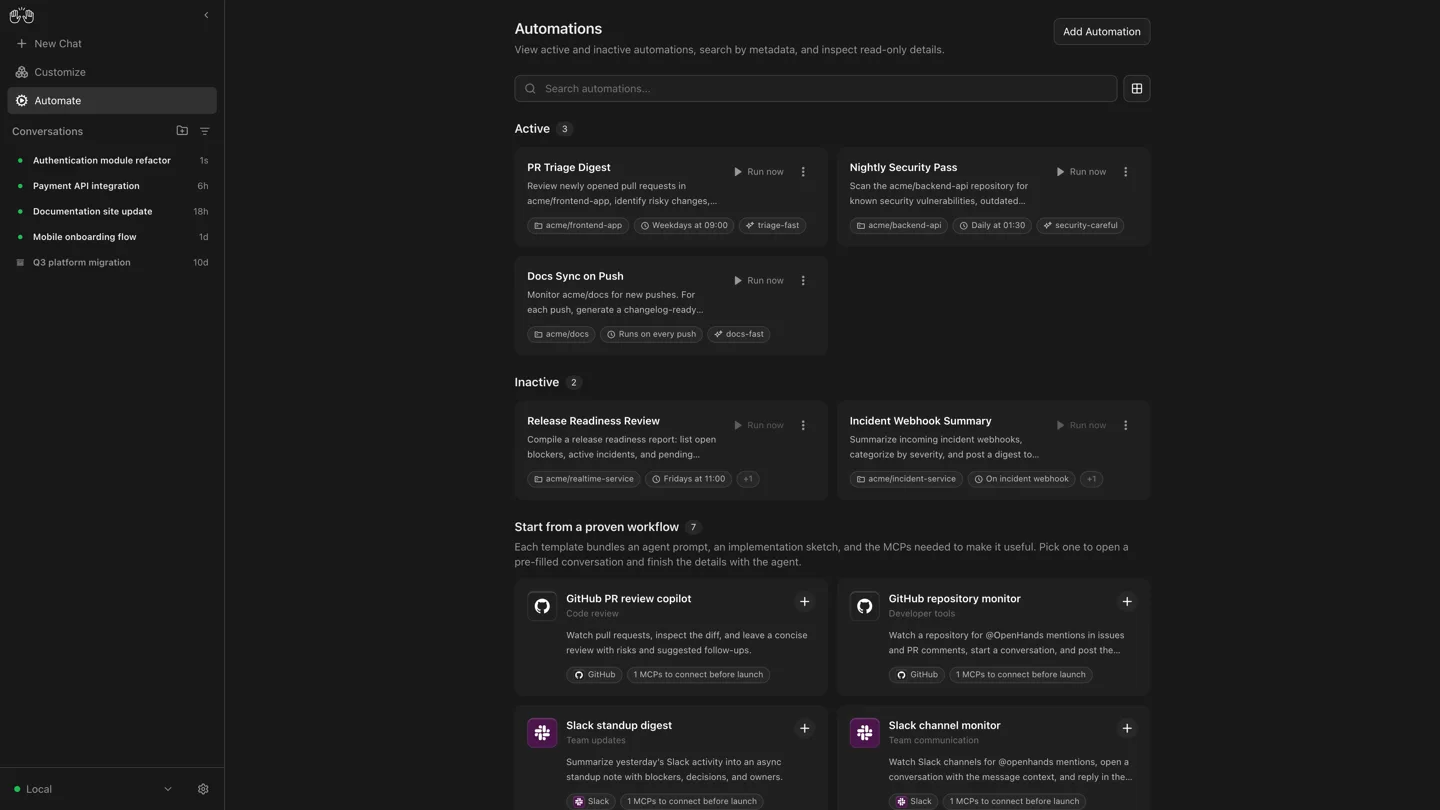 Official OpenHands Agent Canvas automation preview; product illustration, not a FindGoodAI test result