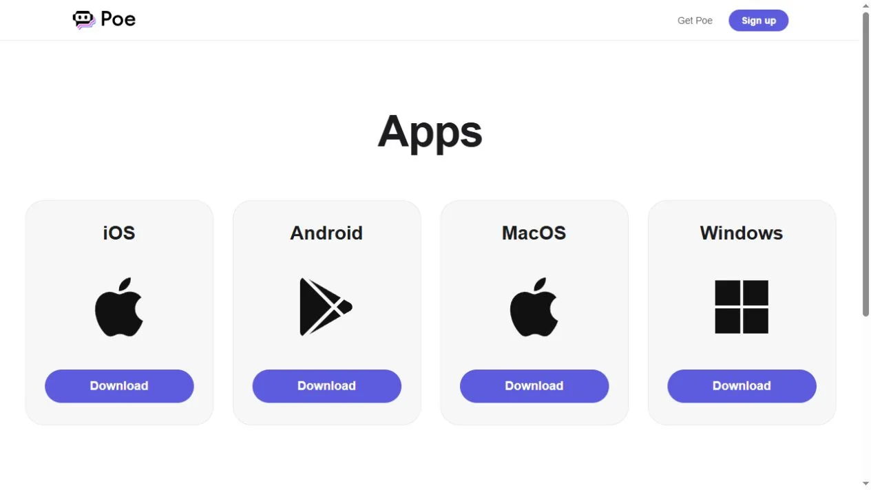 Poe official application download page, captured October 3, 2026; shows available app platforms rather than a chat result