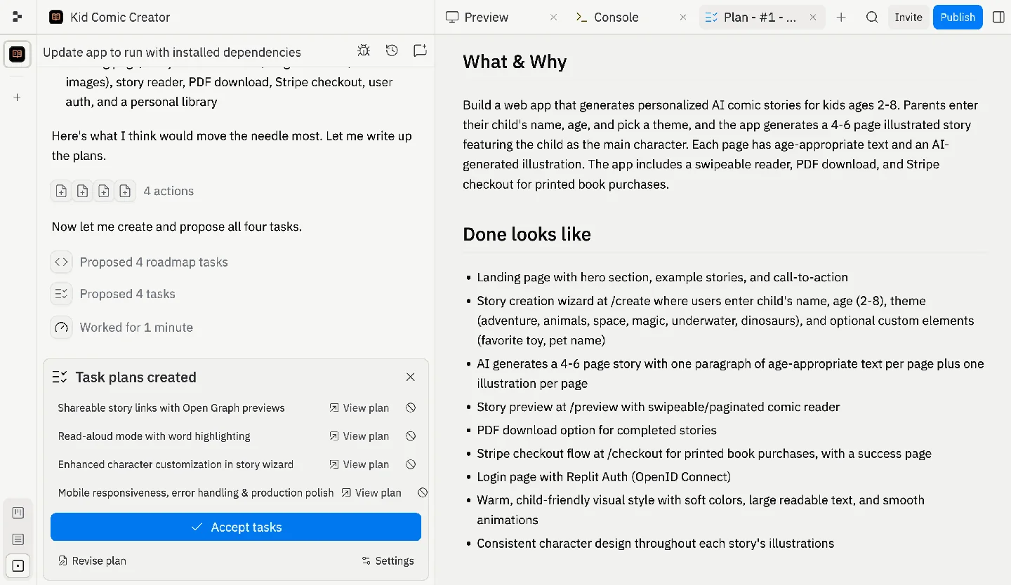 Replit Agent task-planning interface from official documentation