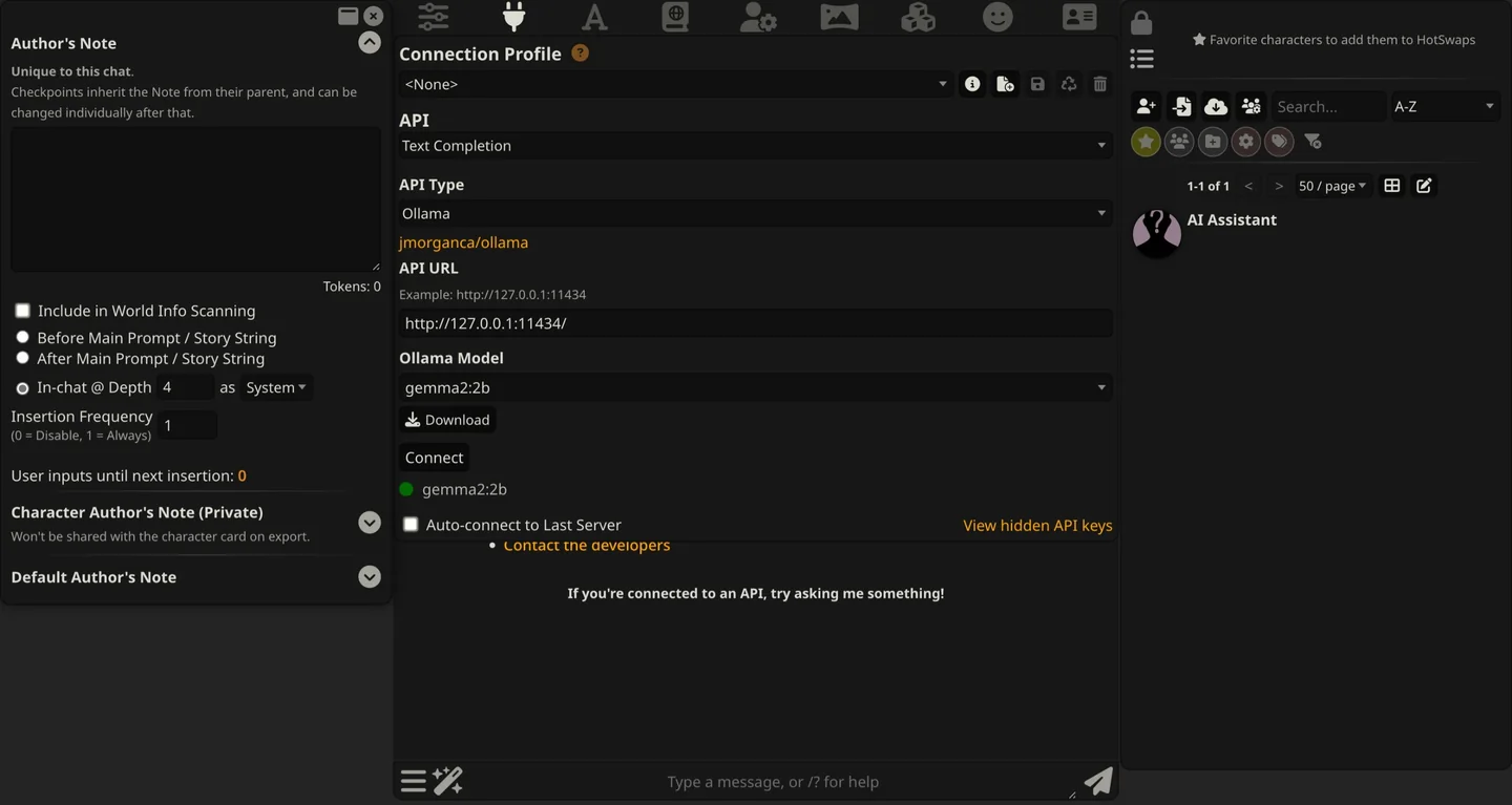 SillyTavern official documentation screenshot showing model connection settings and conversation controls; interface example