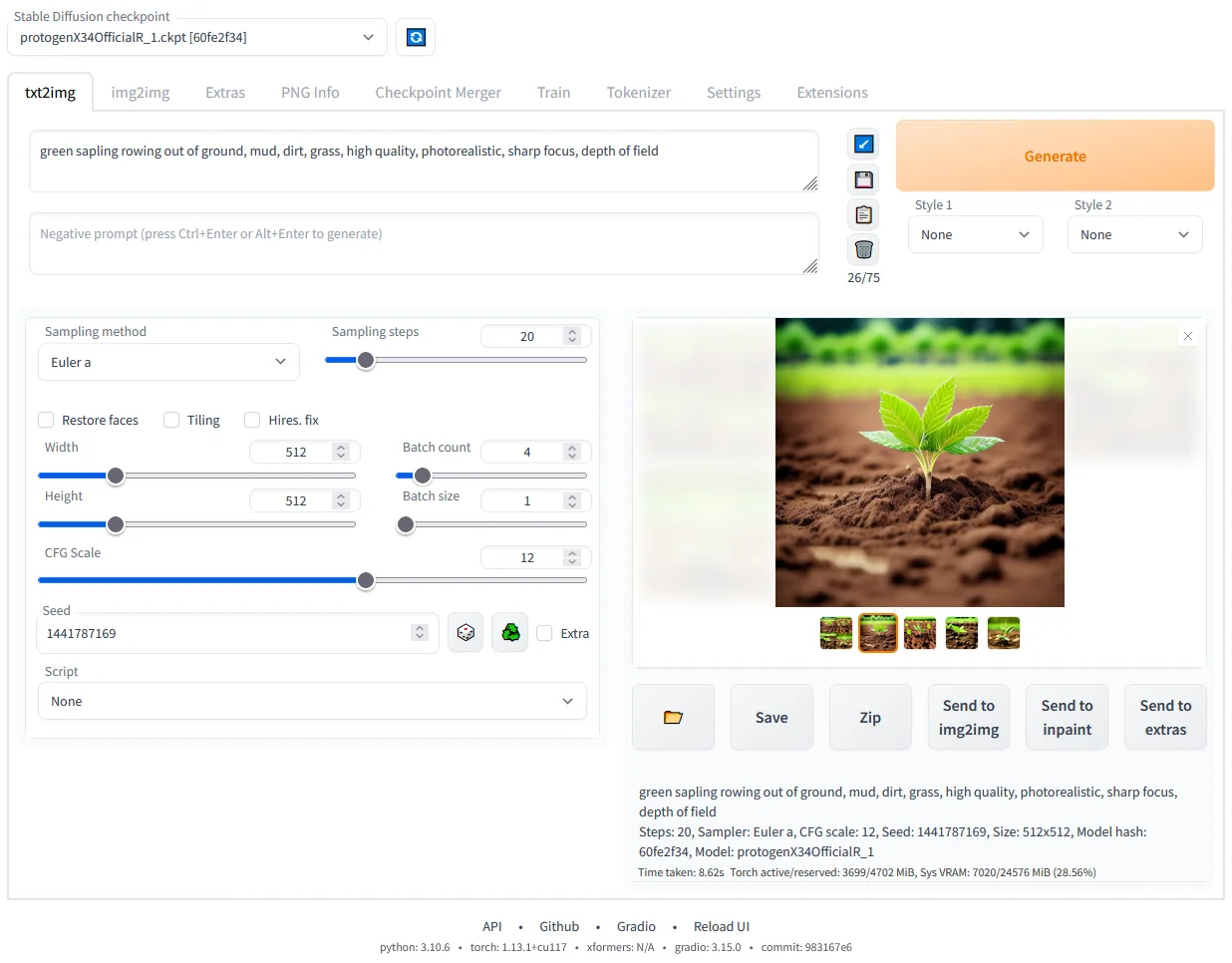 Official AUTOMATIC1111 repository screenshot showing prompts, generation settings and image output; an upstream example