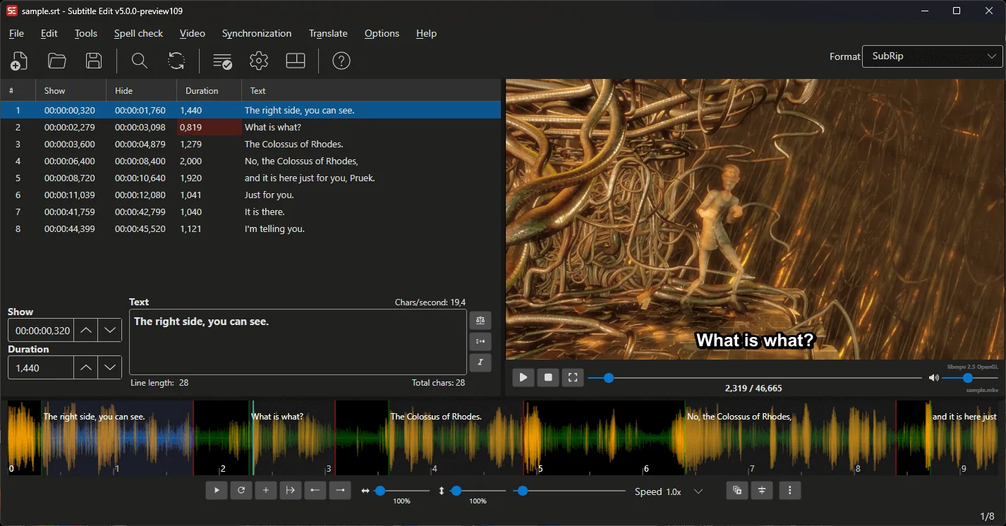 Subtitle Edit official documentation screenshot of the main editor, subtitle grid, video preview and audio waveform; shown as a product interface example