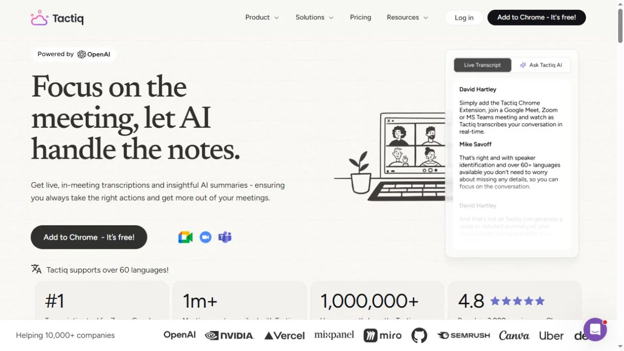 Tactiq official website captured October 3, 2026; product presentation, not a FindGoodAI performance test