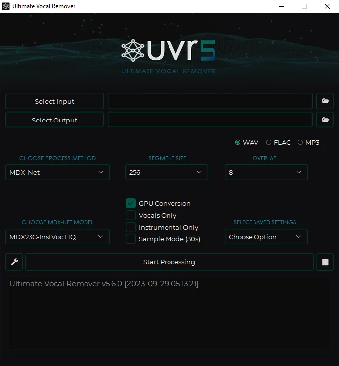 Official UVR 5.6 interface showing input, output, separation model and audio format controls