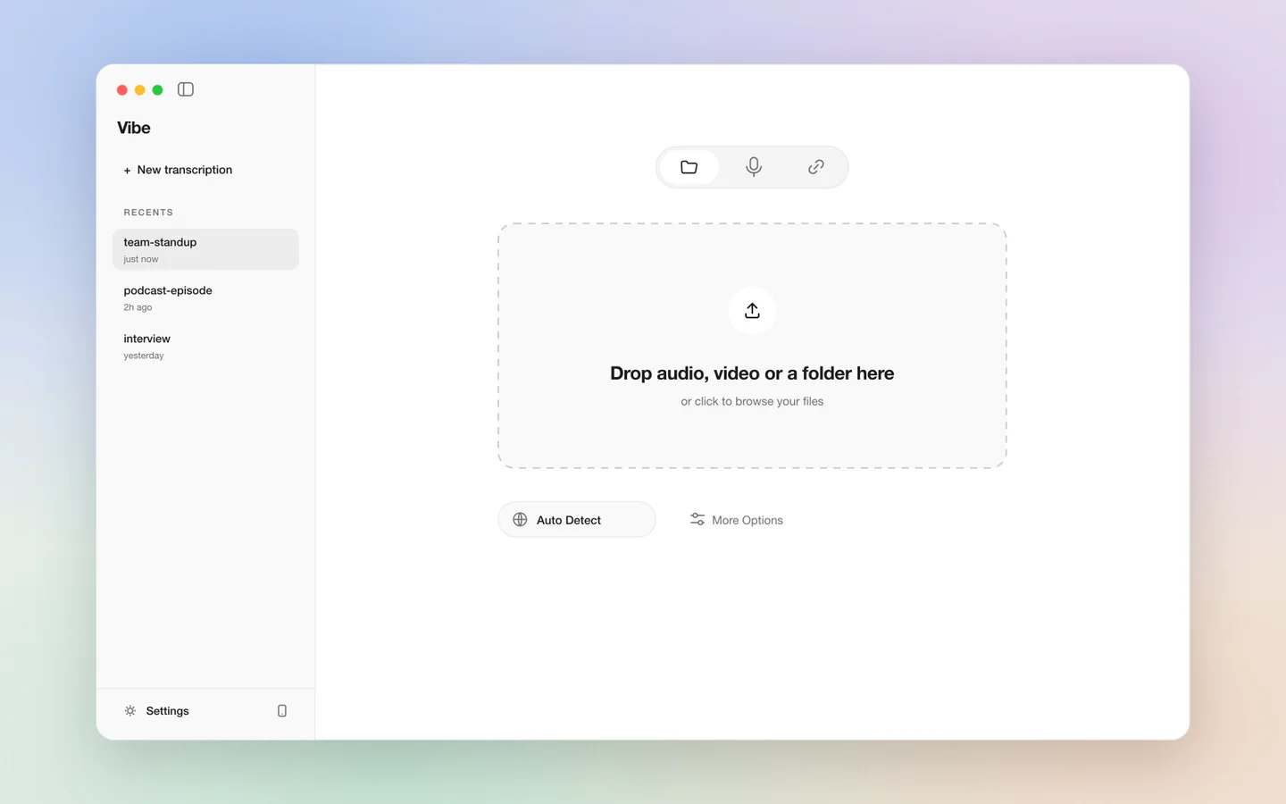 Official Vibe desktop preview showing file, microphone and link input options