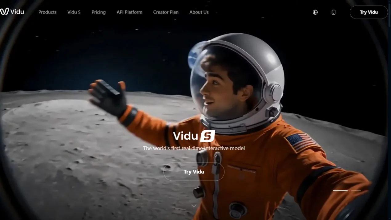 Vidu official homepage with a promotional real-time model example, captured October 3, 2026; not a free-plan output test