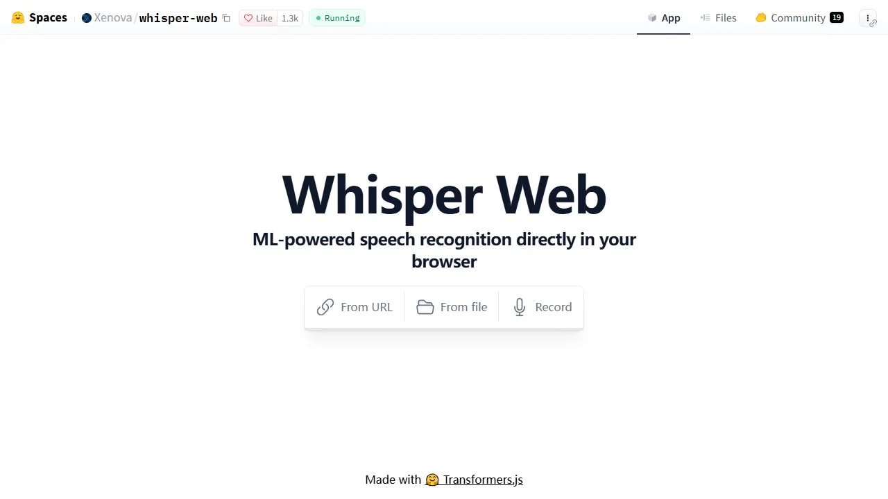 Whisper Web official Hugging Face demo captured October 3, 2026, showing file, URL and recording input choices before any audio is submitted